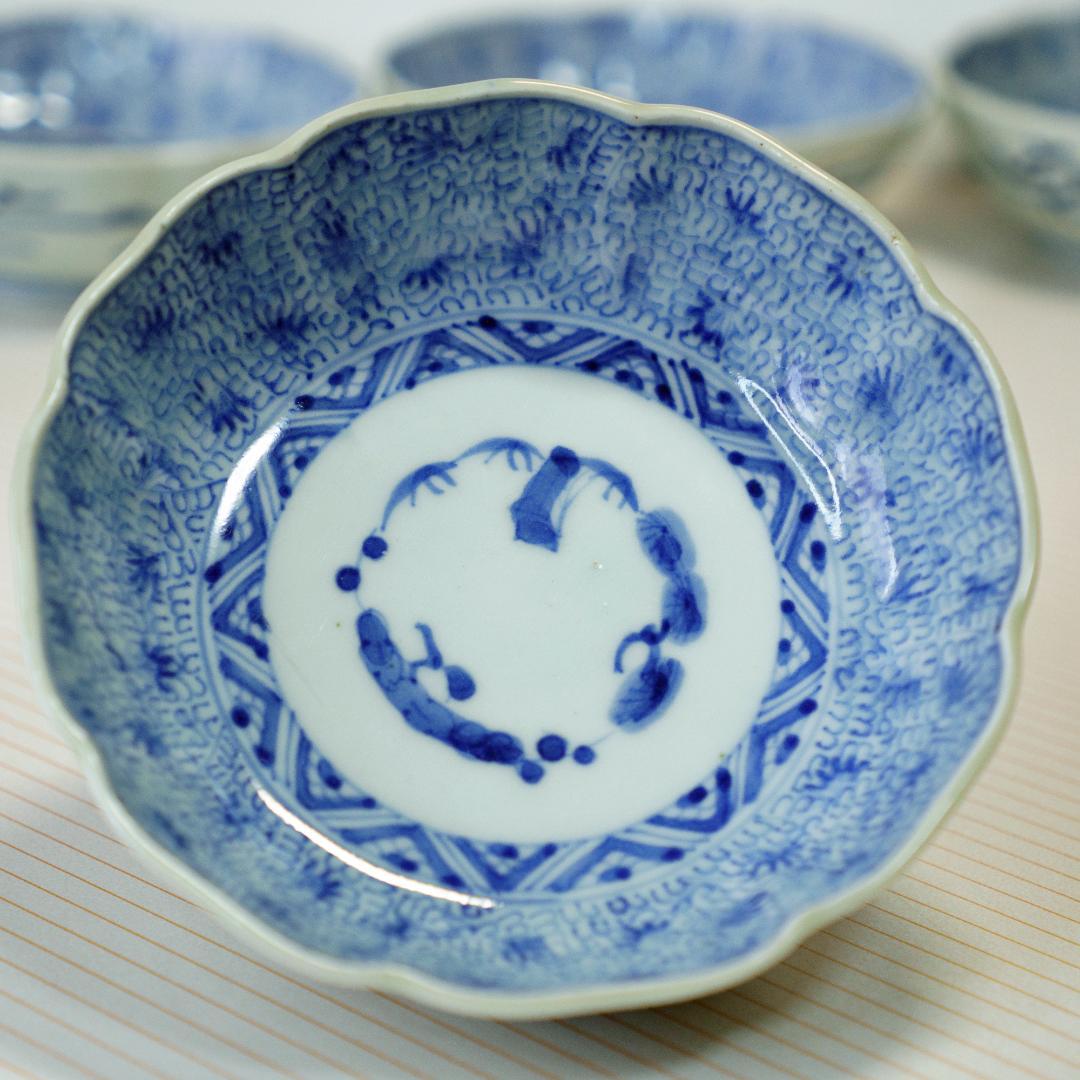 古伊万里　染付　微塵唐草 輪花縁　なます皿　成化年製 5枚セット