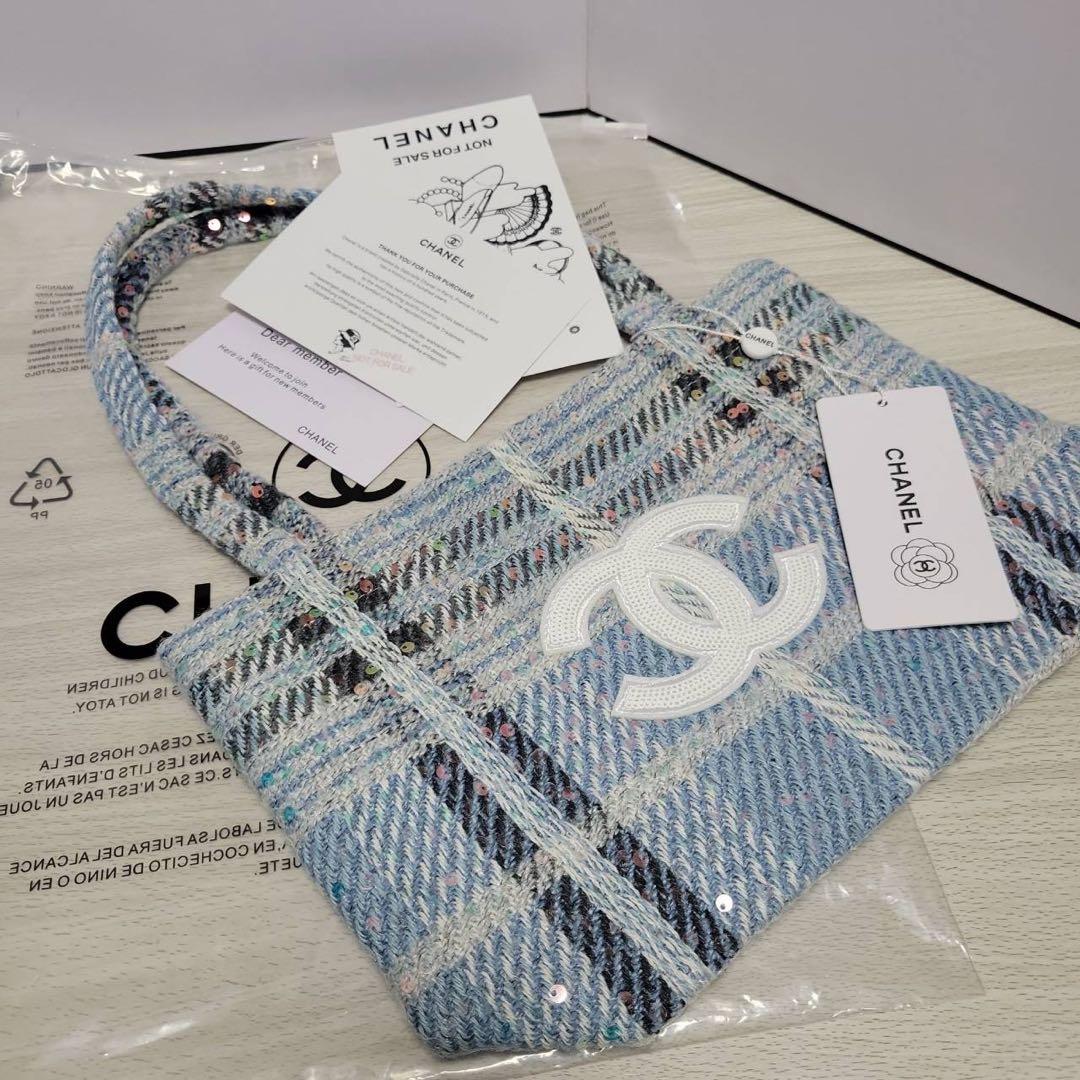 CHANEL ツイード トートバッグ スパンコール 水色 ブルー