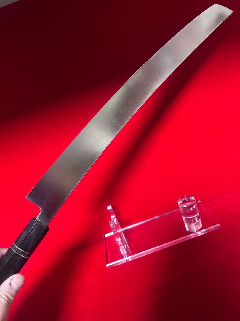 包丁　先丸型　マグロ包丁　尺三　鬼反り　鏡面仕上げ　切味抜群　箱付　未使用品