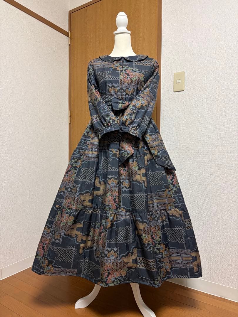 着物リメイク♪ 大島紬　3段ティアードワンピース　花模様　裏地付き　ＭーＬ