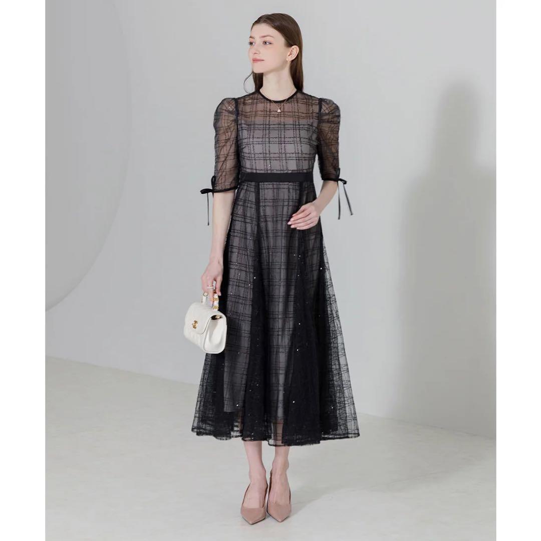 Leja チェックスパンコールリボンワンピースドレス