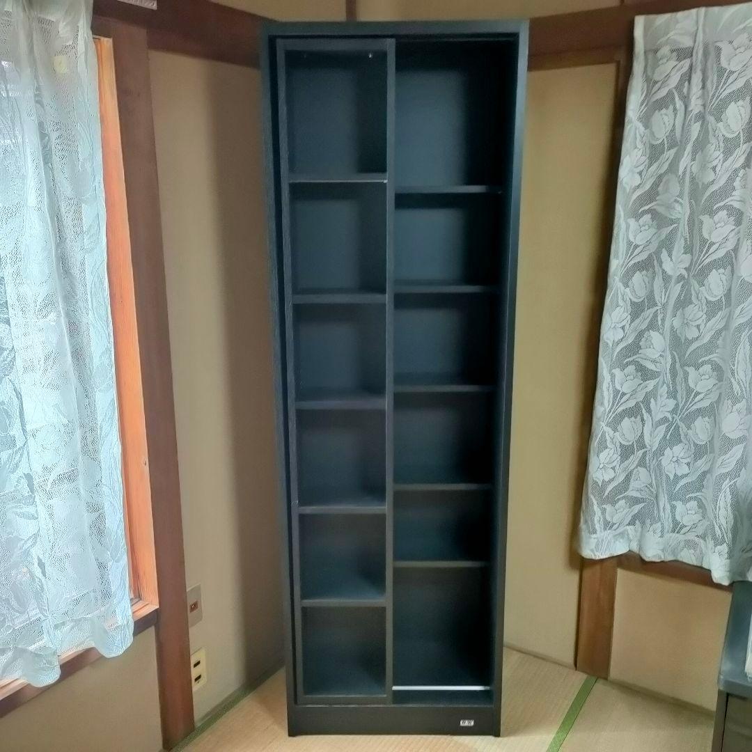 【昭和レトロ】黒の木製本棚 6段 スライド式 前後二列 ブラック木製本棚