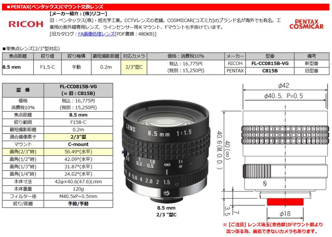 PENTAX/COSMICAR TV 8.5mm F1.5 Cマウント