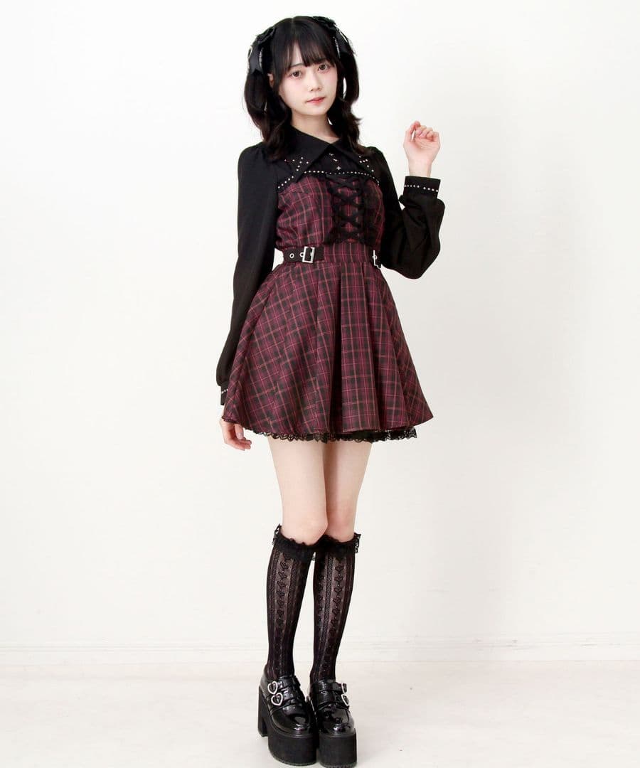 新作★ ディアマイラブ 十字架スタッズジャンスカ風レースアッププリーツワンピース