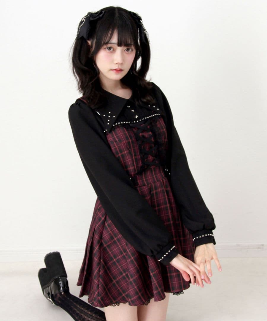 新作★ ディアマイラブ 十字架スタッズジャンスカ風レースアッププリーツワンピース