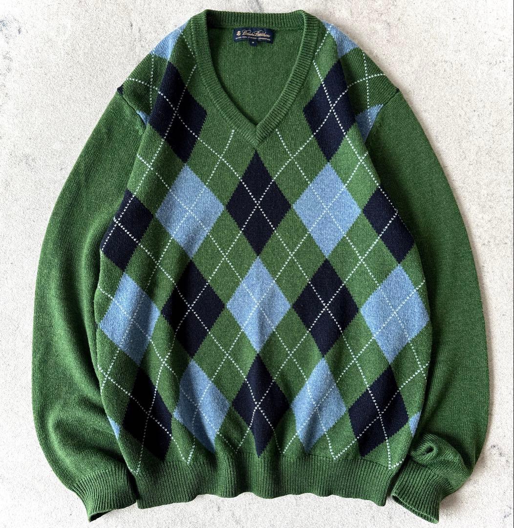 美品 ブルックスブラザーズ イタリアンラムウール Vネック アーガイルニット 緑