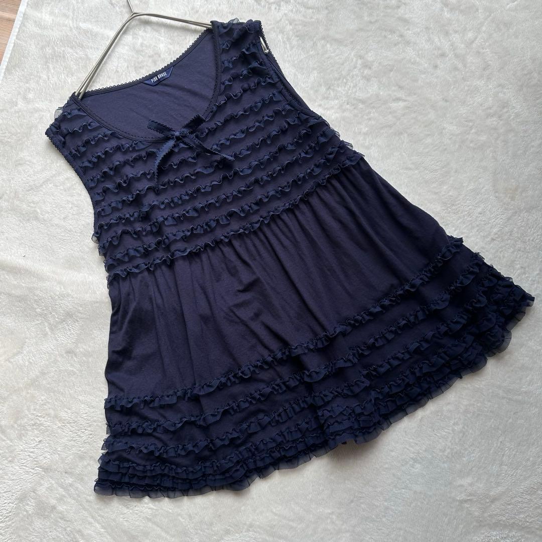 近代モデル　ピンクはピンクノースリーブヒラヒラレース　ネイビー　Lサイズ