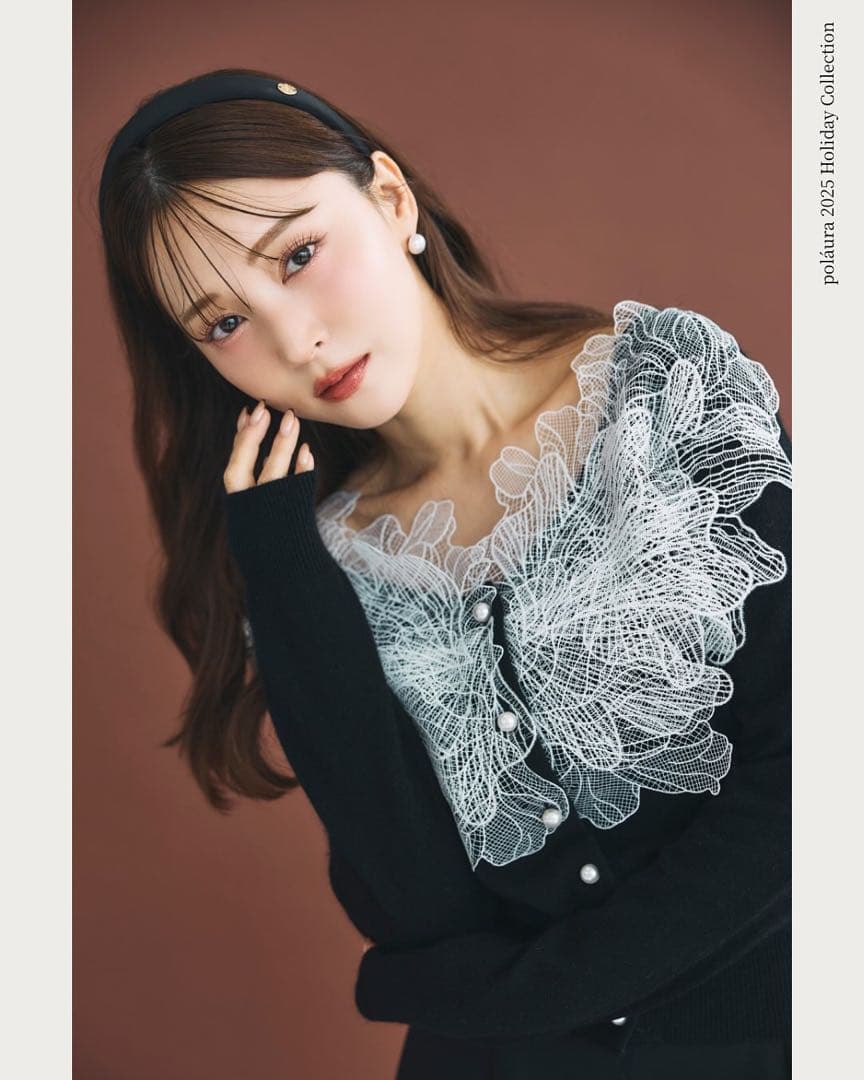 polaura ポローラ レースフリルカーディガン ブラック
