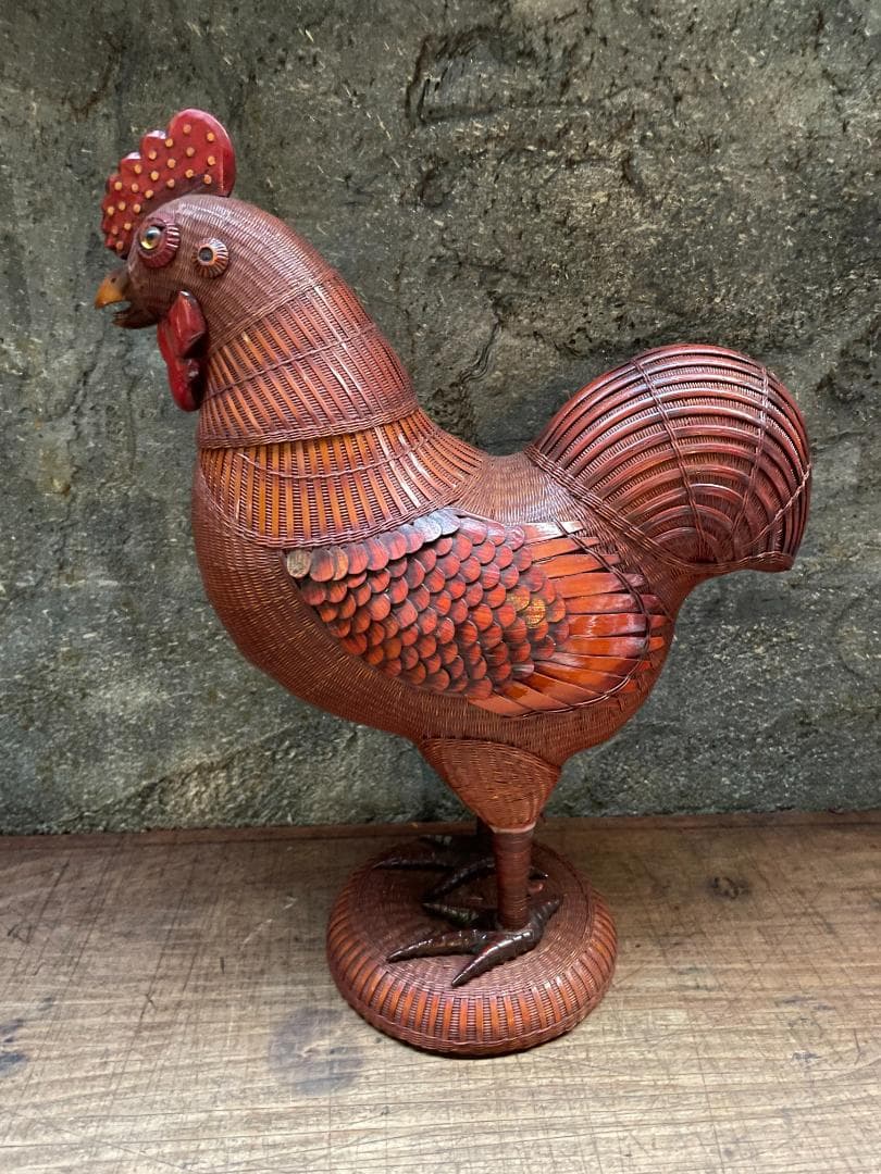 希少 1940's ヴィンテージ 上海伝統工芸 竹細工 雄鶏 ラタン オブジェ