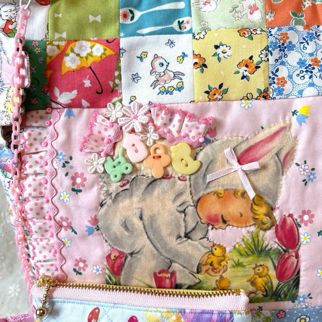 サーティーズ復刻版パッチワークトートバッグ ショルダー紐、ミニポーチ付き