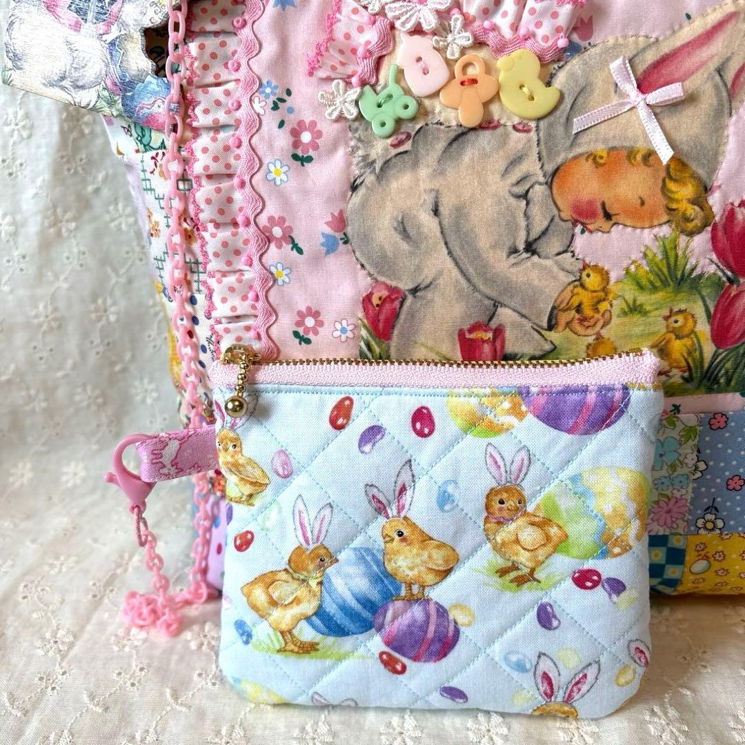 サーティーズ復刻版パッチワークトートバッグ ショルダー紐、ミニポーチ付き