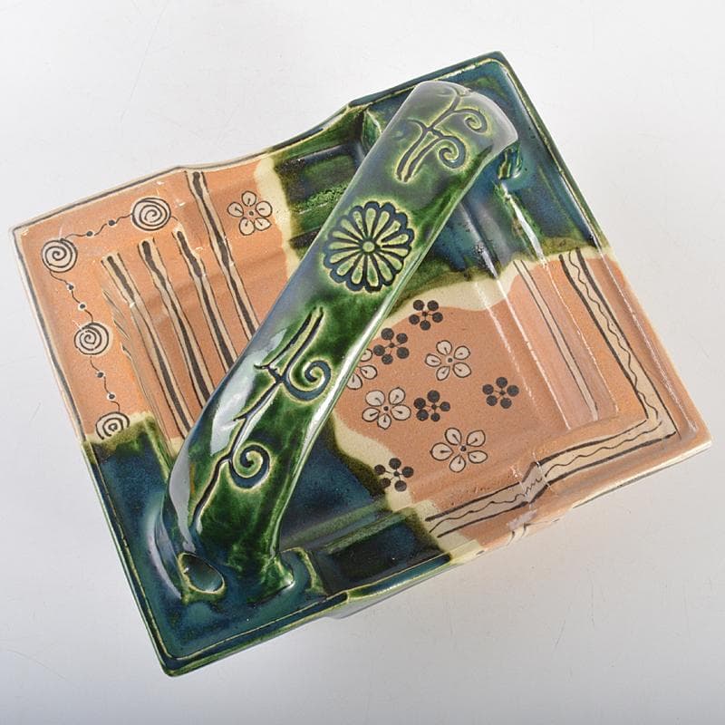 人間国宝　荒川豊蔵作　織部焼　手付鉢　共布　十三代即中斎極め箱　M　R7009B