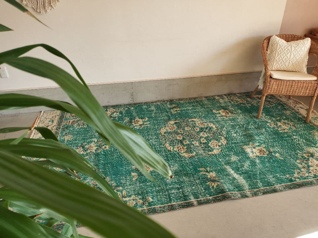 超大判/エメラルドグリーンのシノワズリラグ　トリコヴィンテージラグ　No586