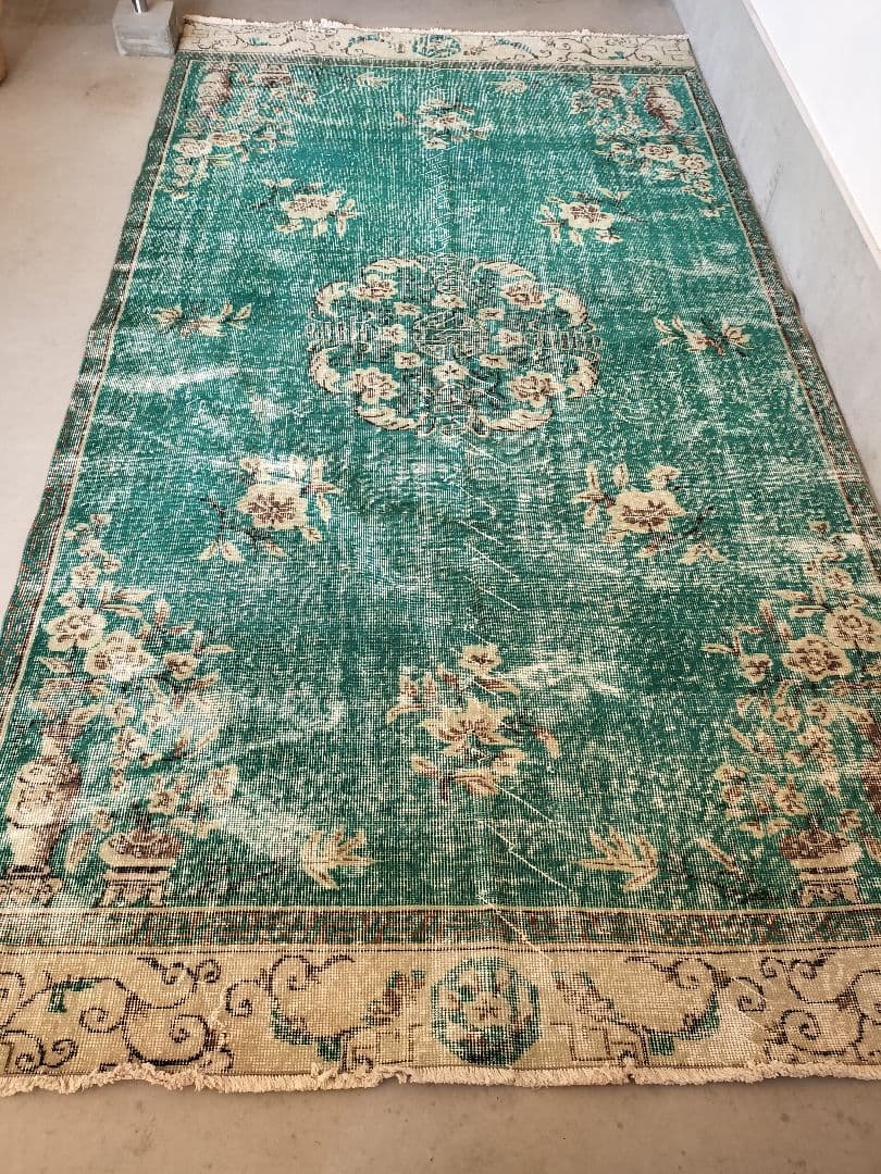 超大判/エメラルドグリーンのシノワズリラグ　トリコヴィンテージラグ　No586