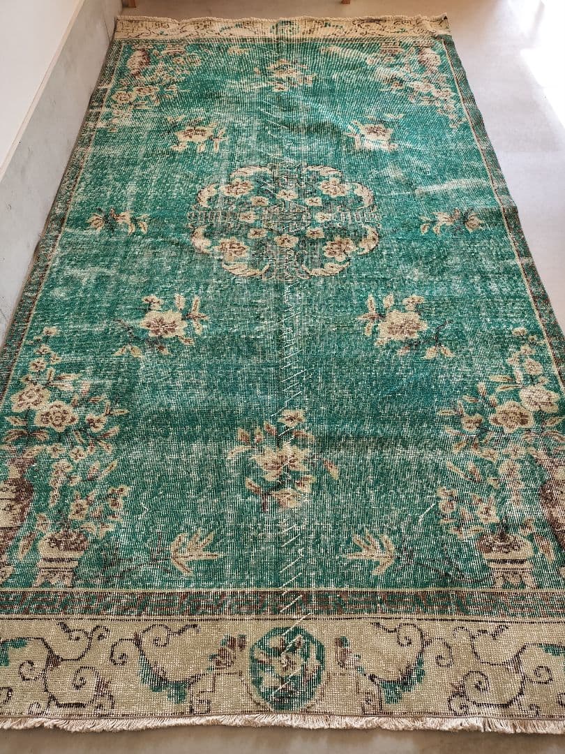 超大判/エメラルドグリーンのシノワズリラグ　トリコヴィンテージラグ　No586