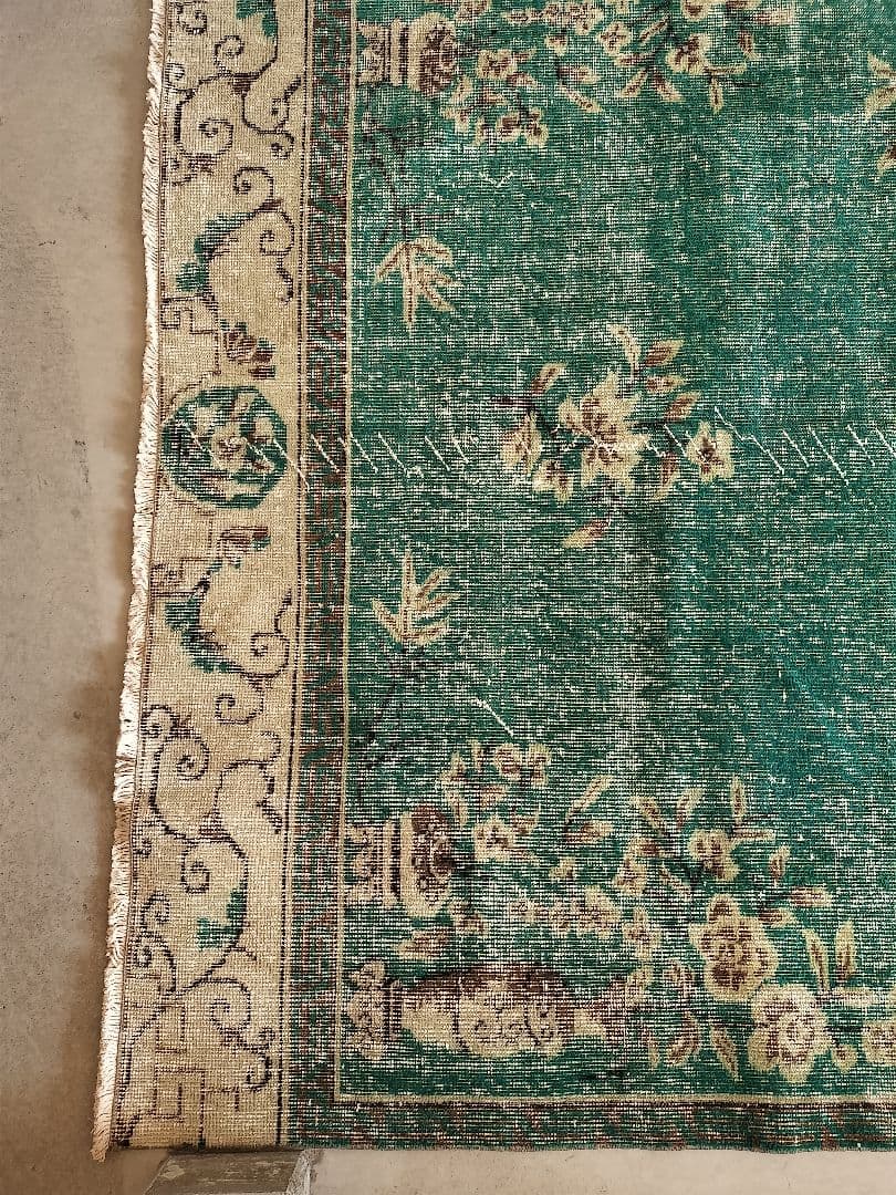 超大判/エメラルドグリーンのシノワズリラグ　トリコヴィンテージラグ　No586