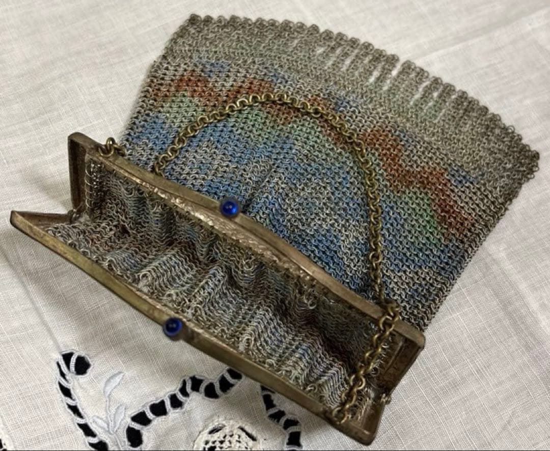 ヨーロッパ製 Antique メタルチェーンメッシュパース エナメル装飾