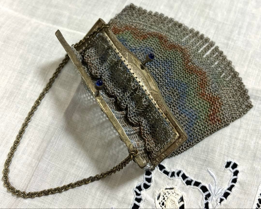 ヨーロッパ製 Antique メタルチェーンメッシュパース エナメル装飾