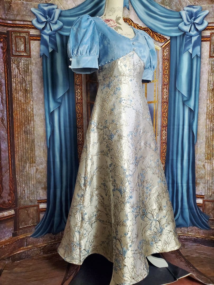 L～XL【新品インポートセレクト】ベロア×金糸混ジャガードパールクラシックドレス