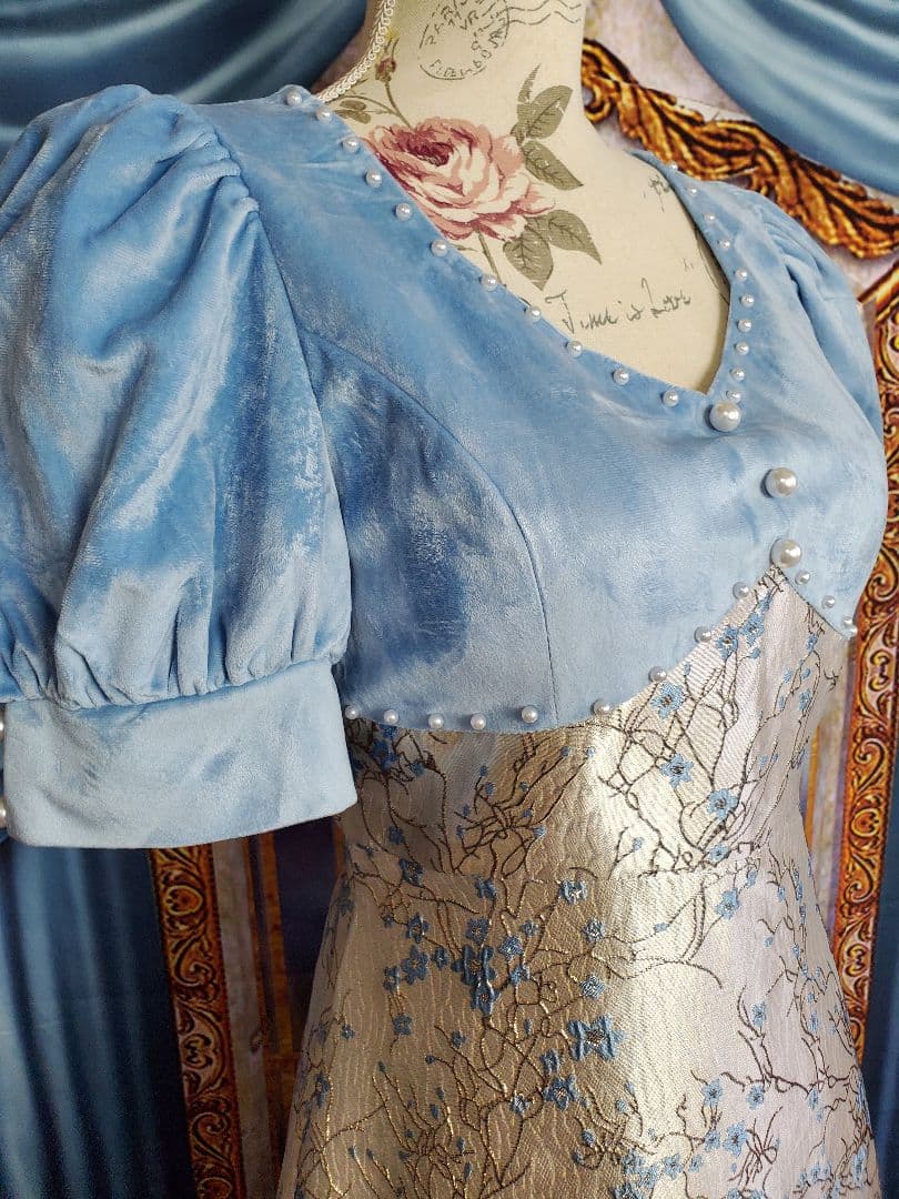 L～XL【新品インポートセレクト】ベロア×金糸混ジャガードパールクラシックドレス