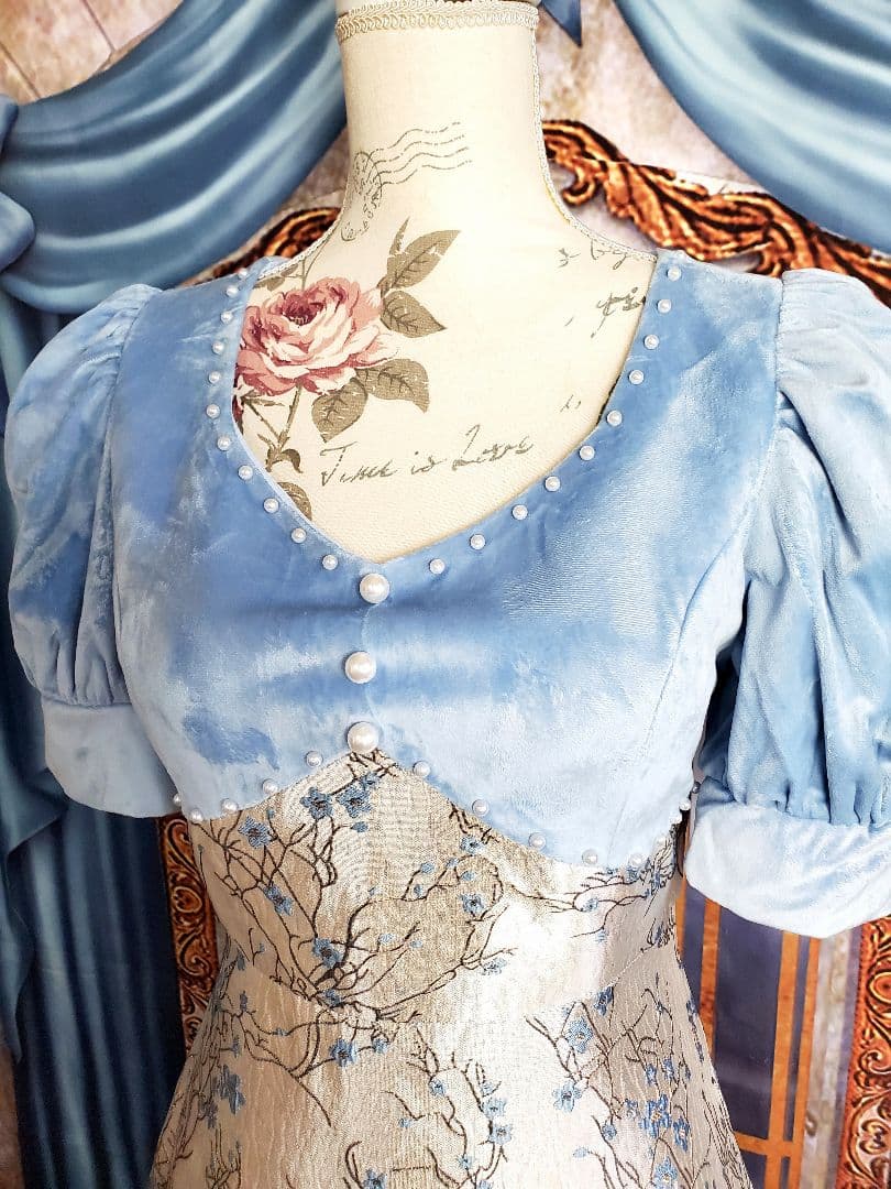 L～XL【新品インポートセレクト】ベロア×金糸混ジャガードパールクラシックドレス