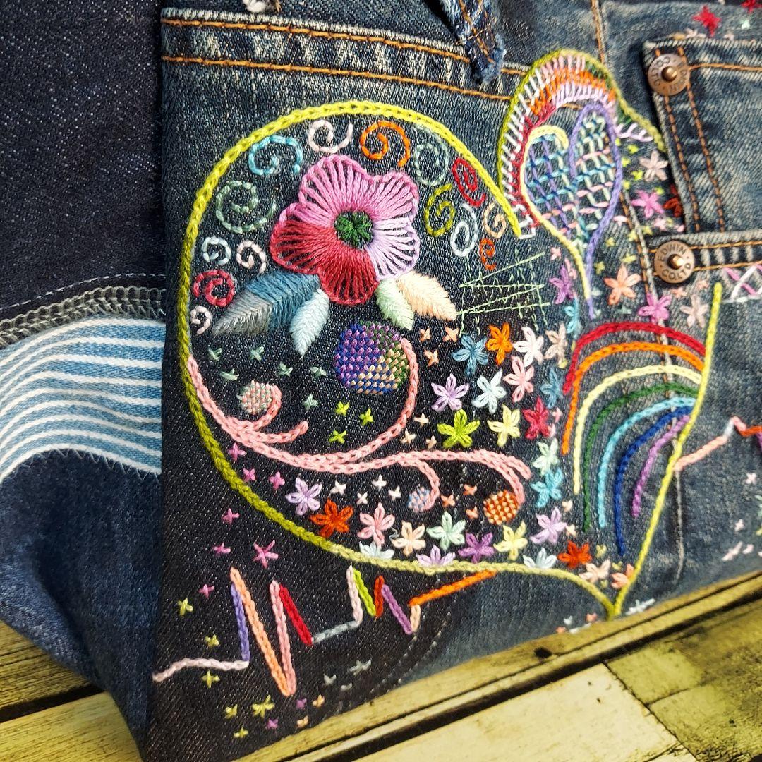 刺繍デニムバック　No.674　デニムリメイク　サイドポケット　刺繍バック