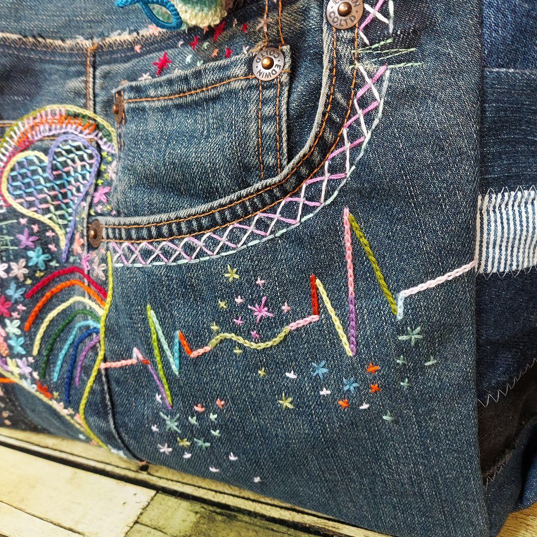 刺繍デニムバック　No.674　デニムリメイク　サイドポケット　刺繍バック
