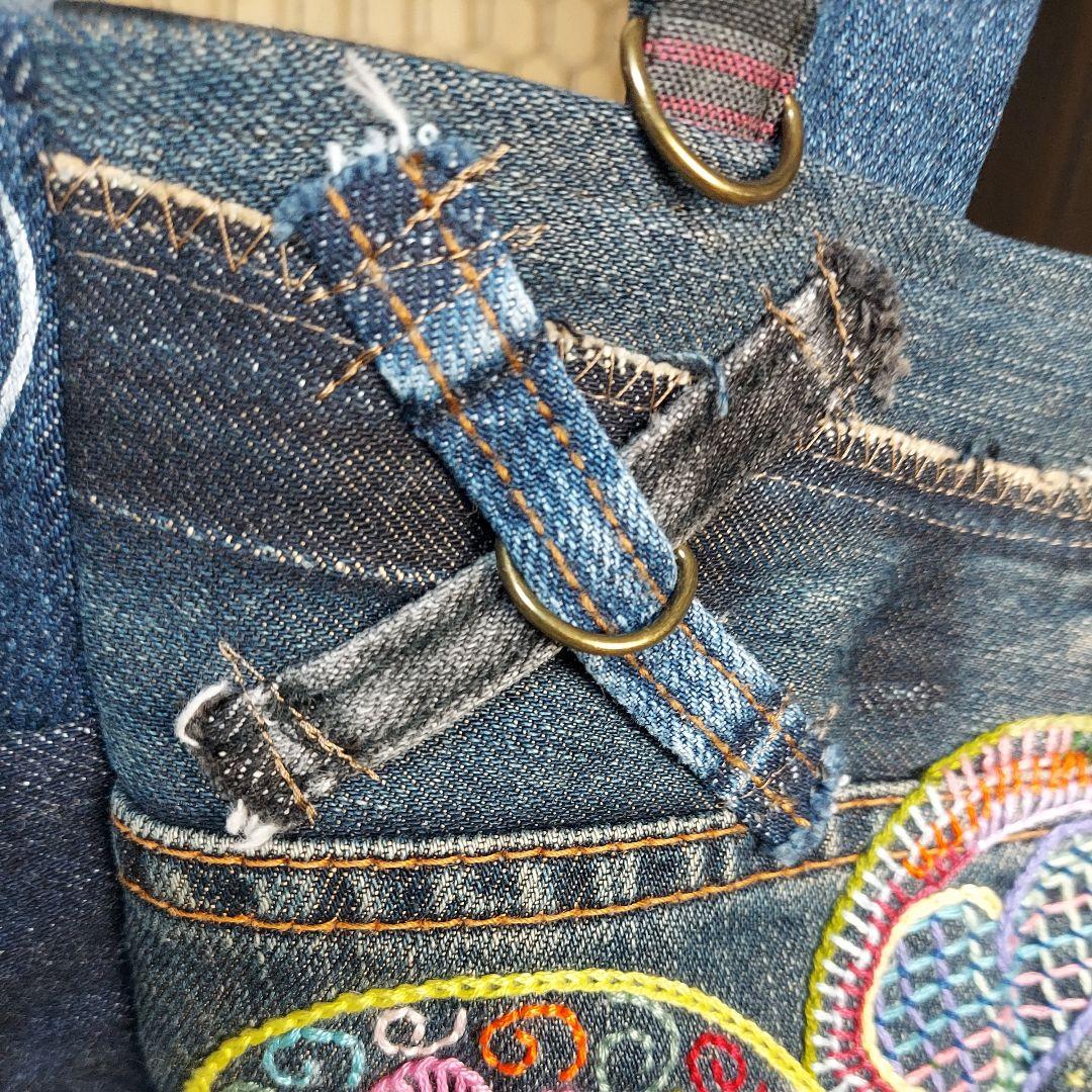刺繍デニムバック　No.674　デニムリメイク　サイドポケット　刺繍バック