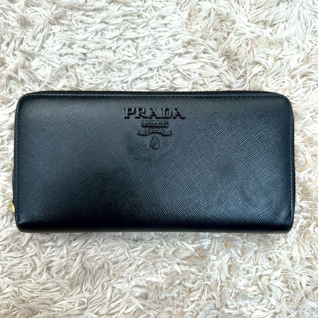 【美品】プラダ 長財布 ラウンドファスナー ブラック シャイン サフィアーノ