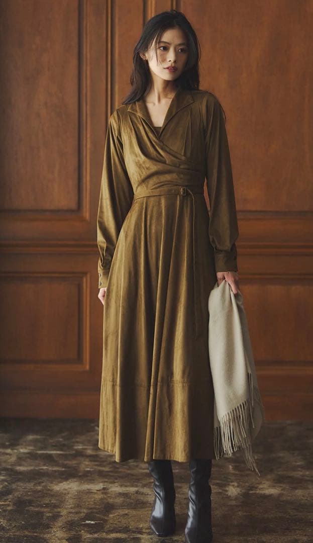 anuans スウェードオープンカラーワンピース