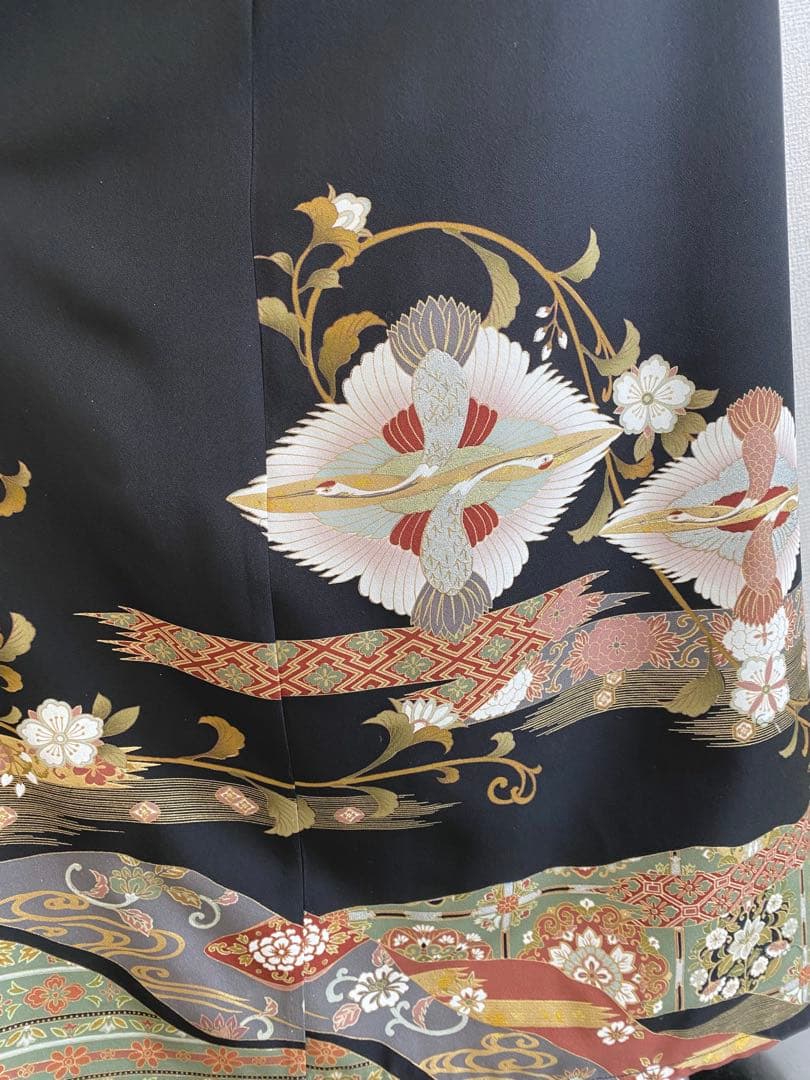 留袖ワンピース　留袖ドレス　着物リメイクロングワンピース　ハンドメイド　黒留袖