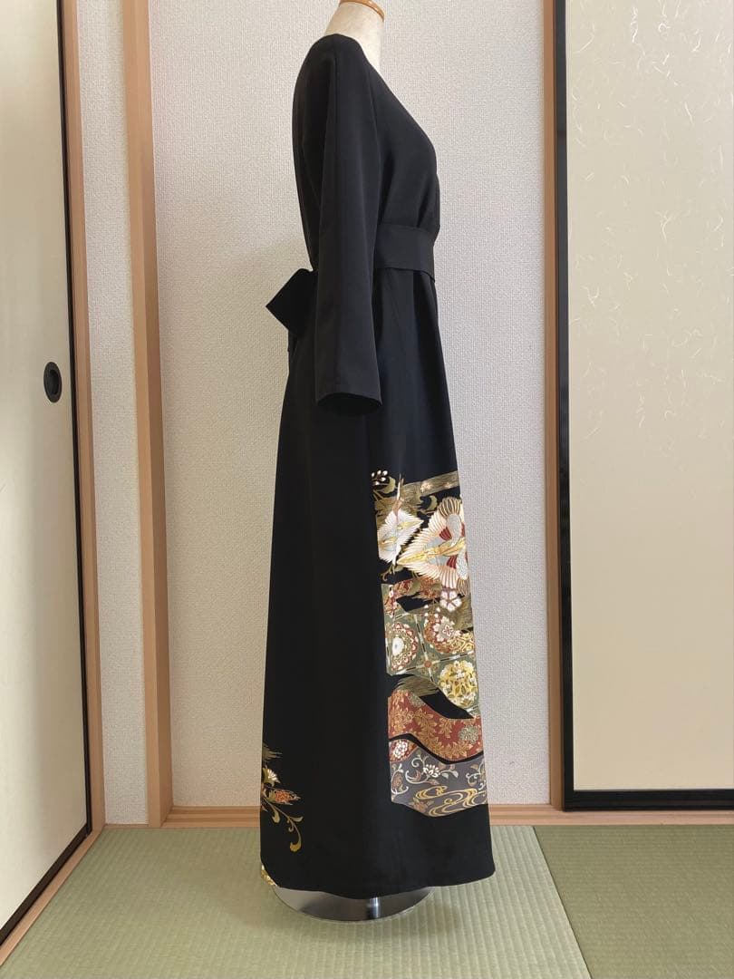 留袖ワンピース　留袖ドレス　着物リメイクロングワンピース　ハンドメイド　黒留袖