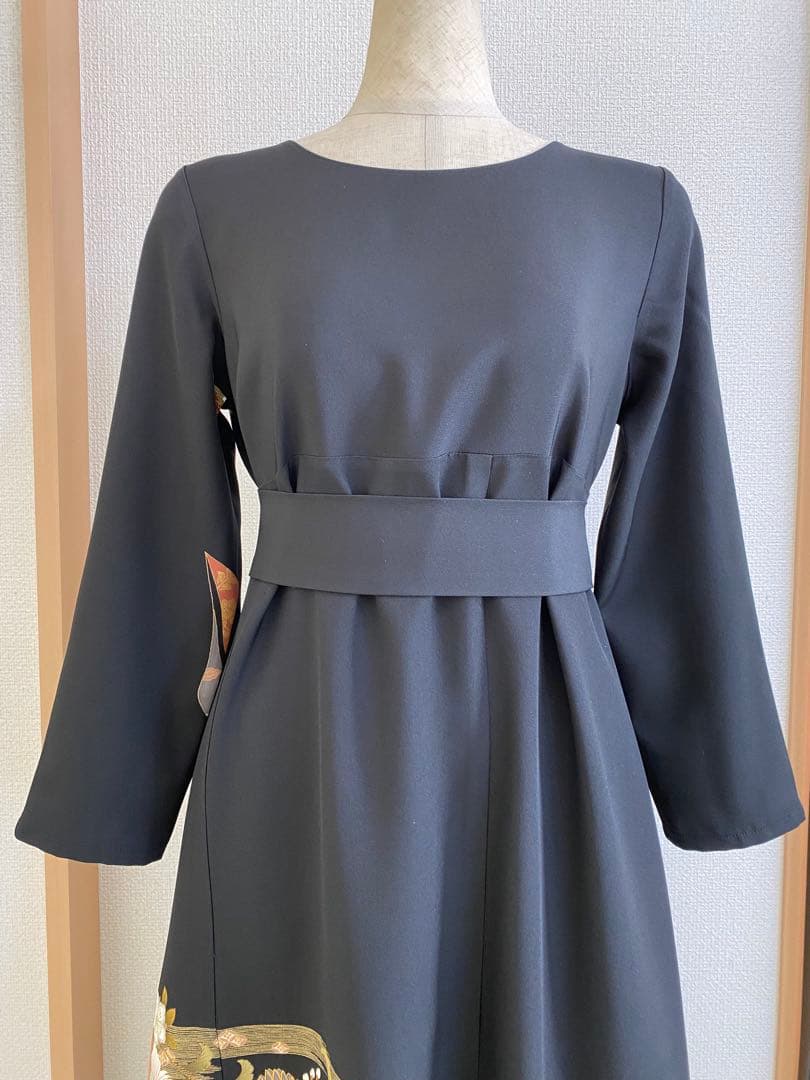 留袖ワンピース　留袖ドレス　着物リメイクロングワンピース　ハンドメイド　黒留袖