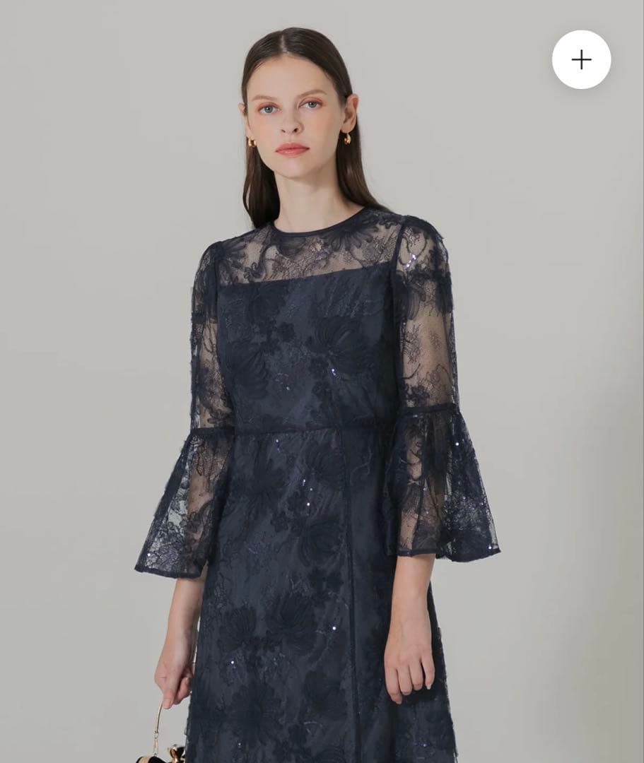 Leja スパンコールレーススリーブIラインロングワンピースドレス　現物写真あり