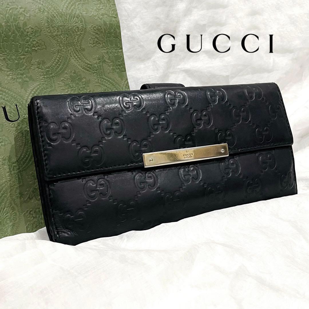 GUCCI グッチ 長財布 黒 GG ロゴプレート シマ レザー ブラック 美品