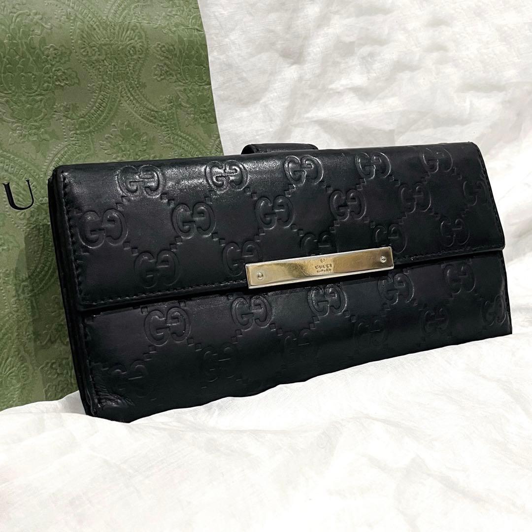 GUCCI グッチ 長財布 黒 GG ロゴプレート シマ レザー ブラック 美品