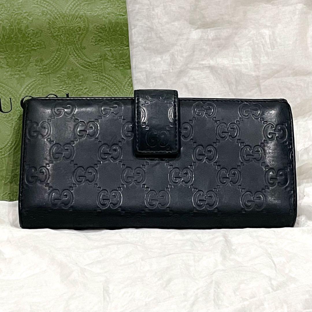 GUCCI グッチ 長財布 黒 GG ロゴプレート シマ レザー ブラック 美品