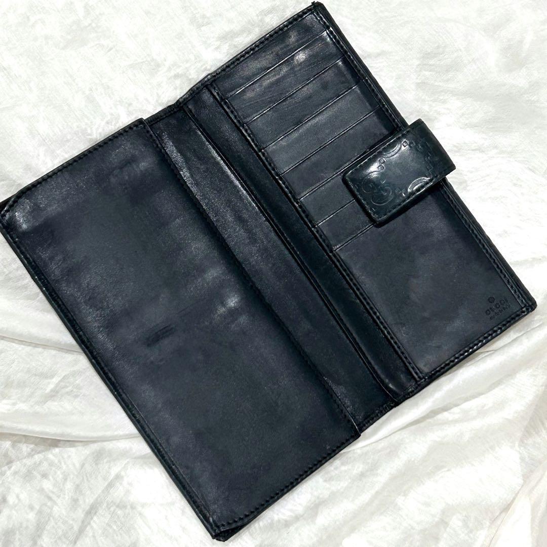 GUCCI グッチ 長財布 黒 GG ロゴプレート シマ レザー ブラック 美品
