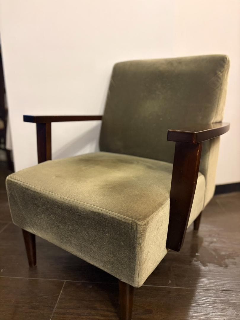国産レトロ　喫茶店チェア 1シーターソファ ベロア×木製アームチェア　グリーン