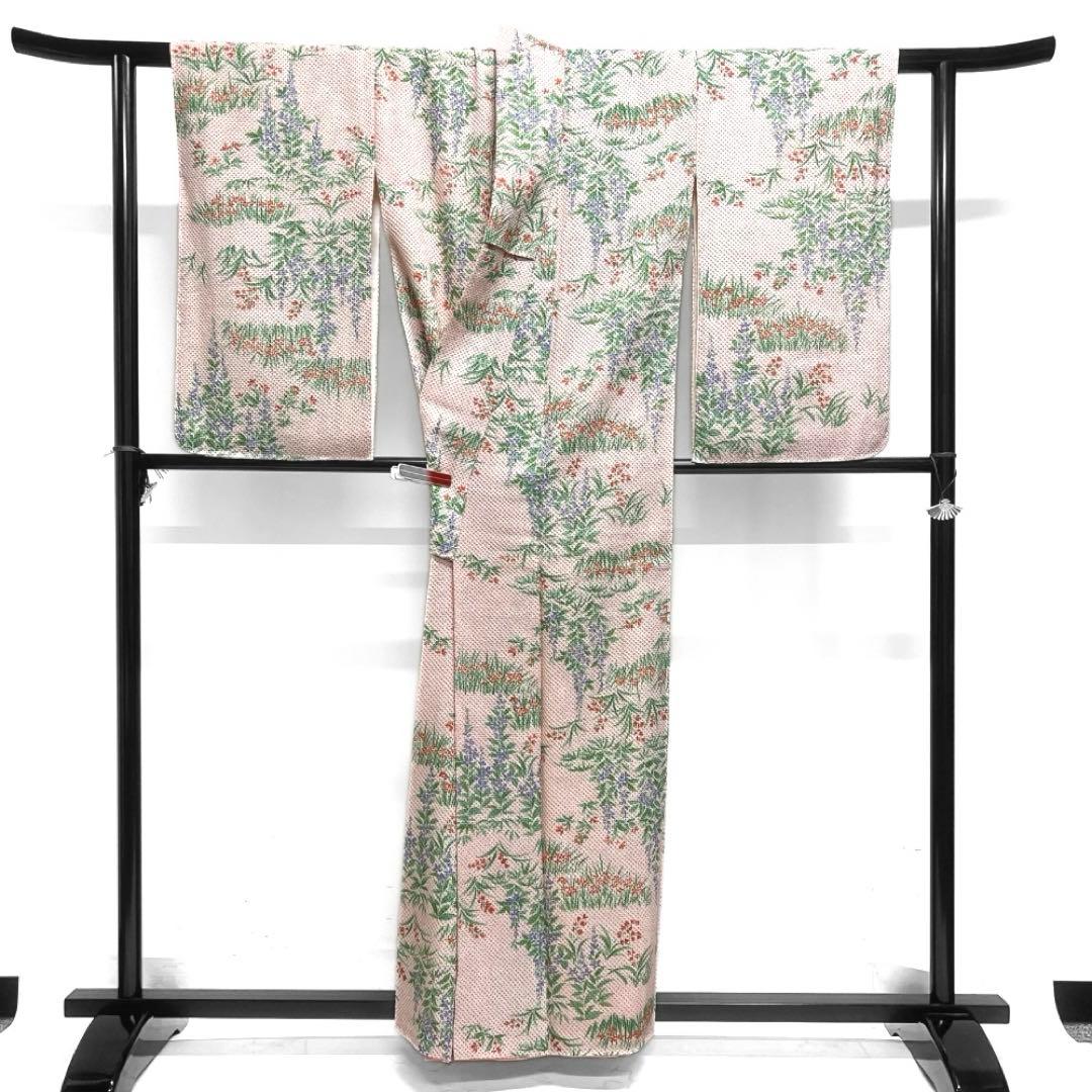 小紋　総絞り　小花　花模様　ピンク　着物　124a d