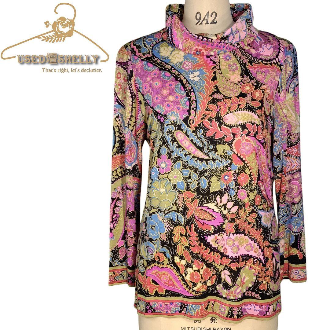 ☆ LEONARD シルク混 ハイネック フラワー&ペイズリー柄 長袖カットソー