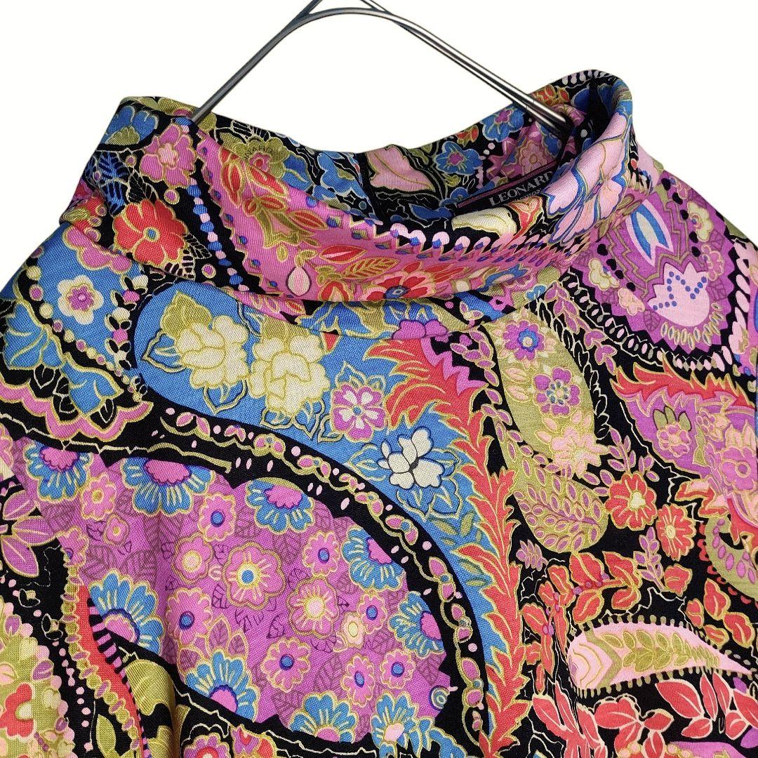 ☆ LEONARD シルク混 ハイネック フラワー&ペイズリー柄 長袖カットソー