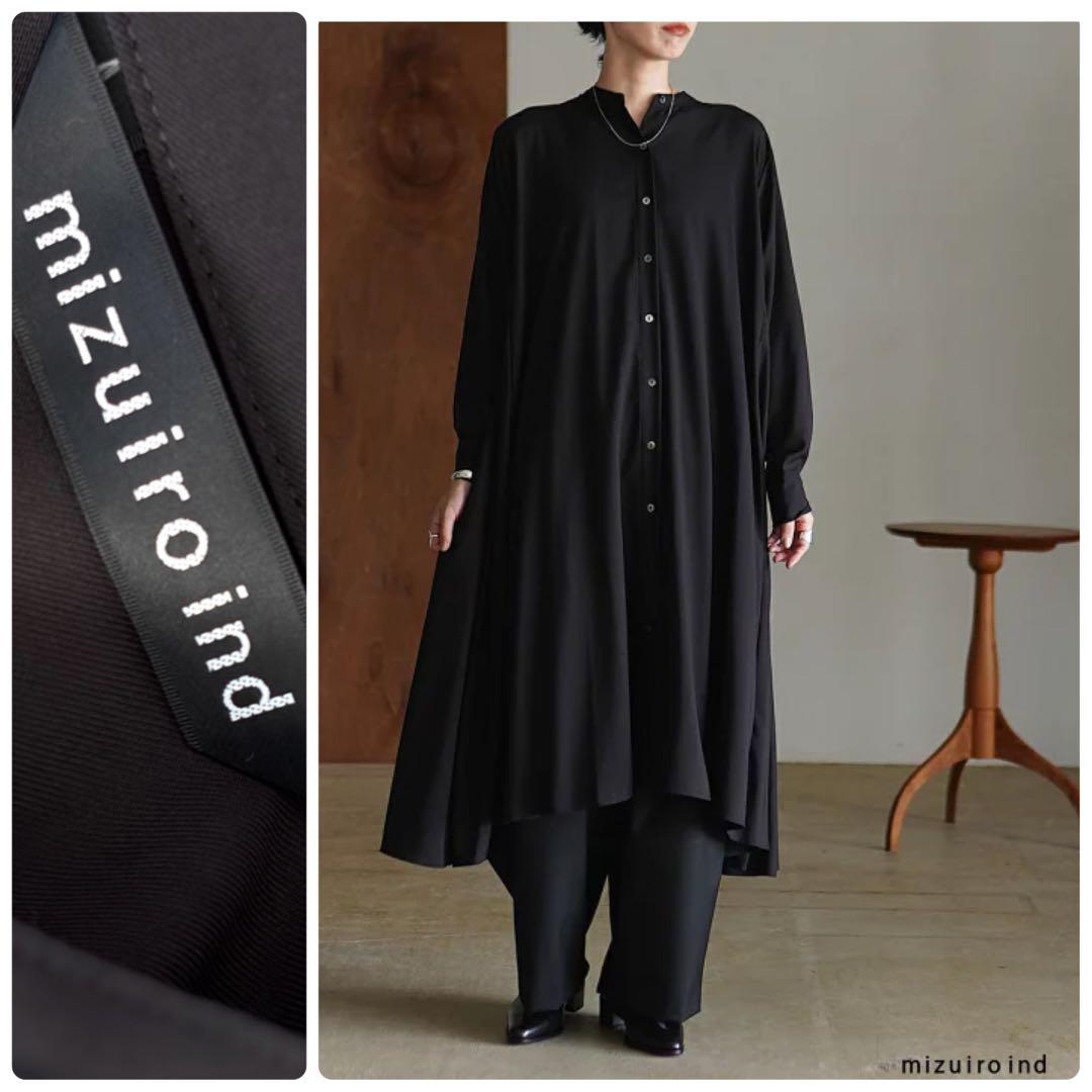 ミズイロインド ▲∴+ T/Rスタンドカラーフレアワンピース 日本製 ブラック