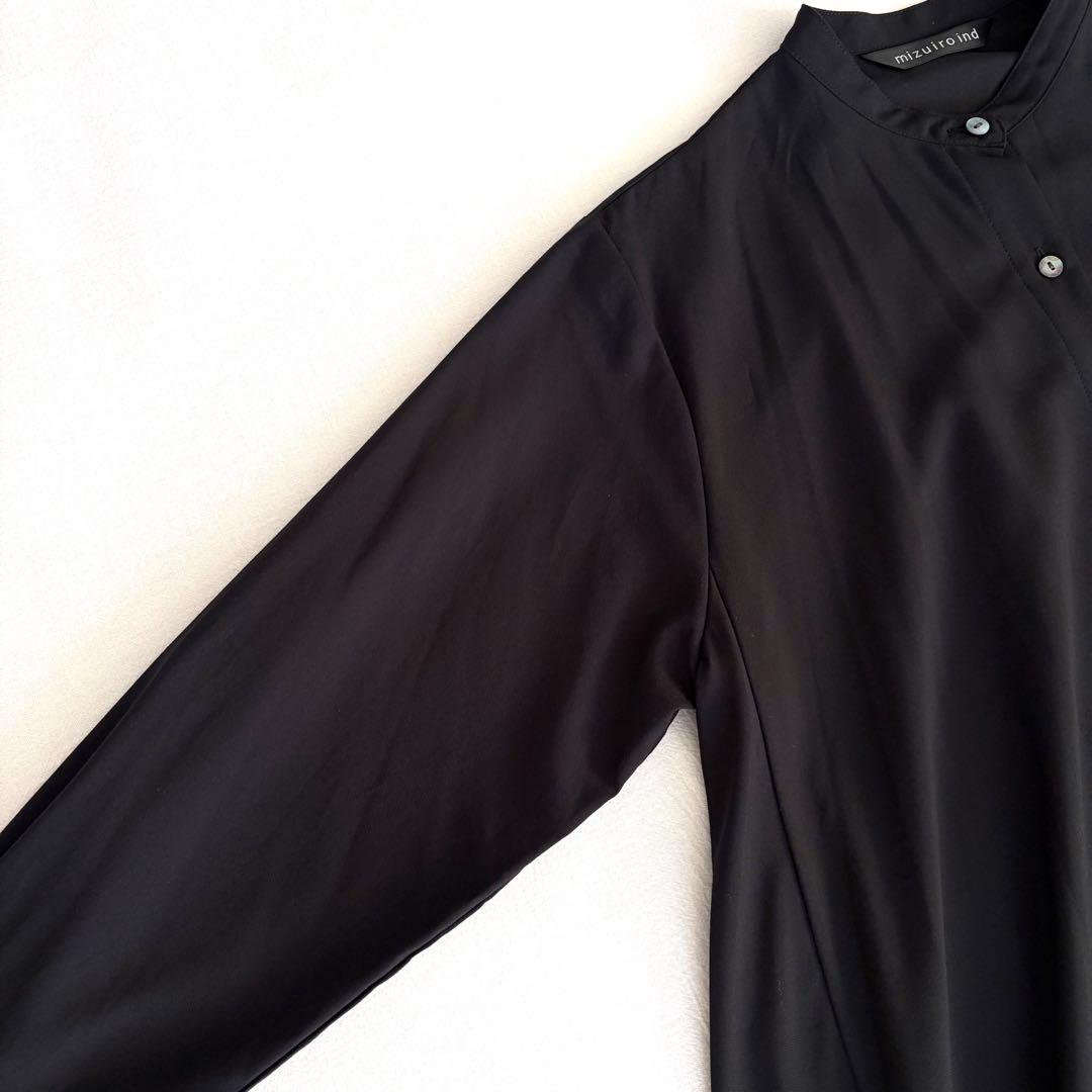 ミズイロインド ▲∴+ T/Rスタンドカラーフレアワンピース 日本製 ブラック