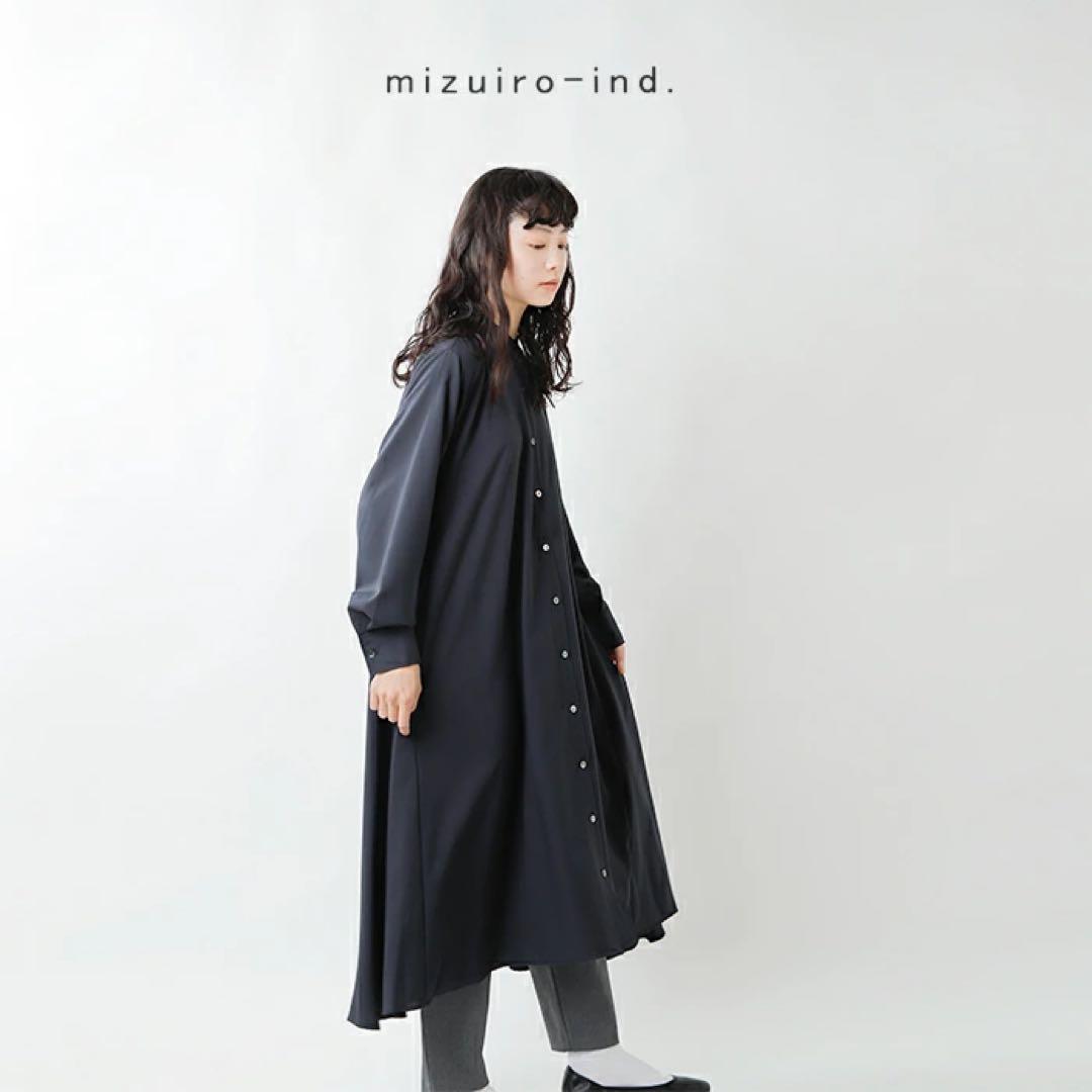 ミズイロインド ▲∴+ T/Rスタンドカラーフレアワンピース 日本製 ブラック