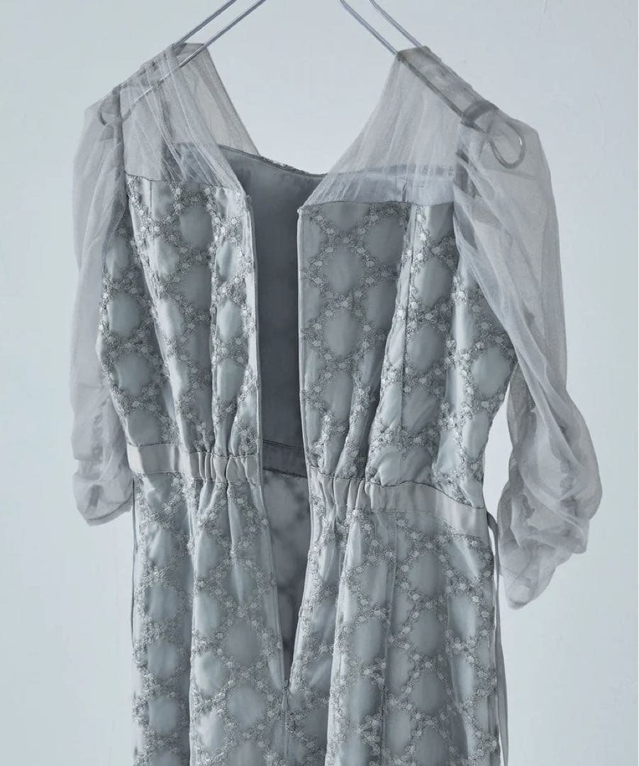 Floral diagonal check flare dress グレー