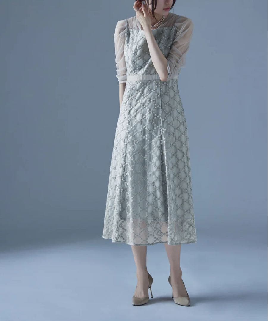 Floral diagonal check flare dress グレー