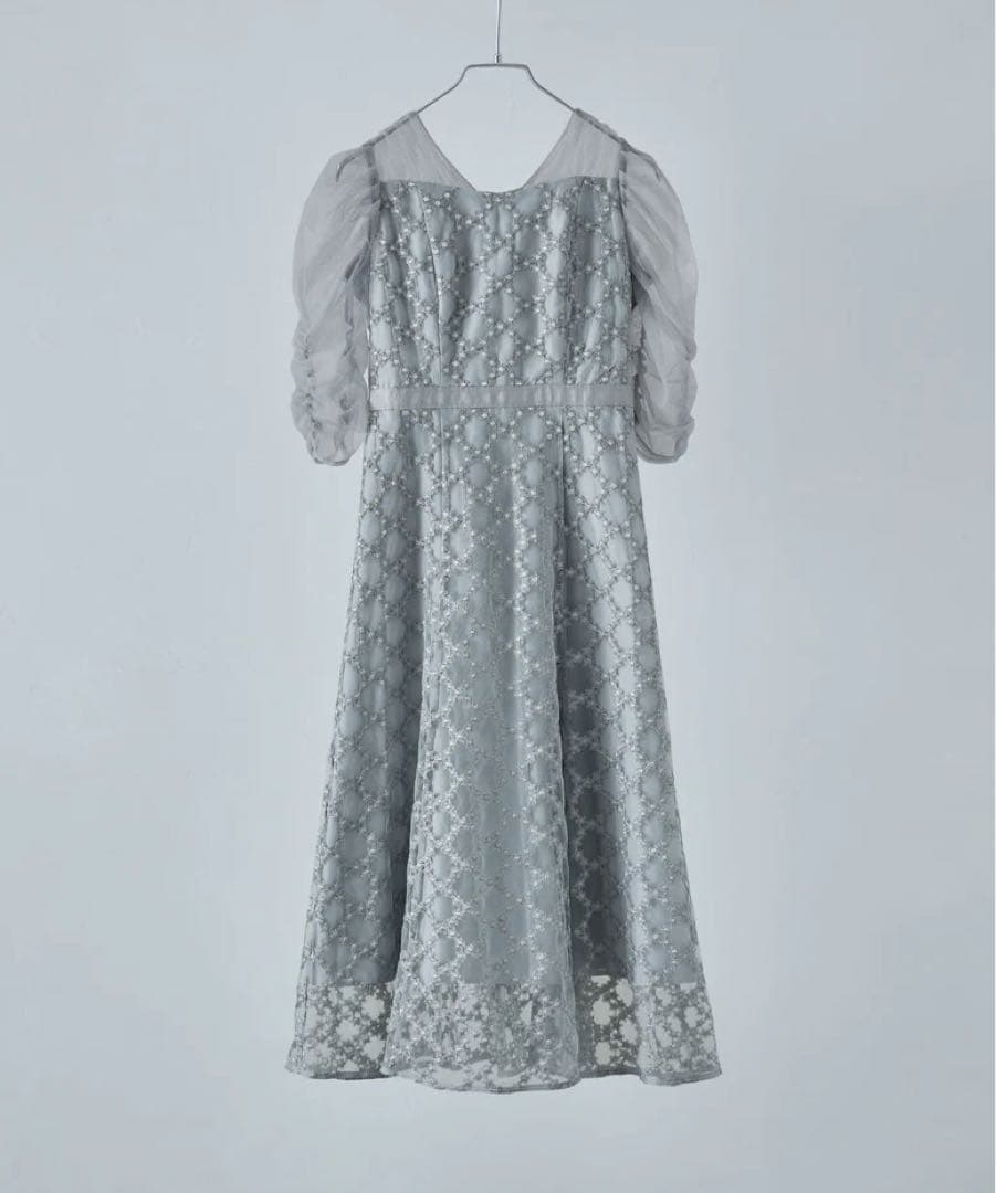 Floral diagonal check flare dress グレー