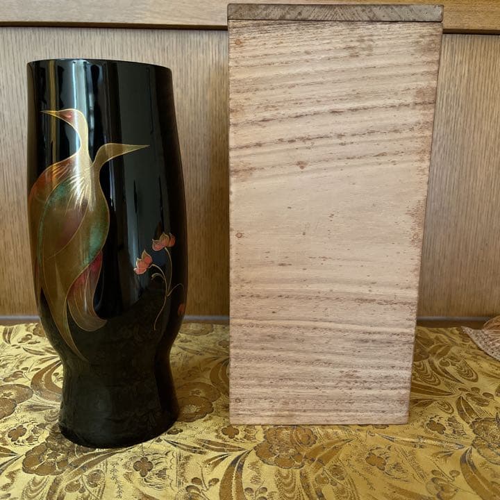 【宝蔵】輪島塗 花瓶　桜井一良 蒔絵鳳凰図 漆器喰籠 未使用品　共箱