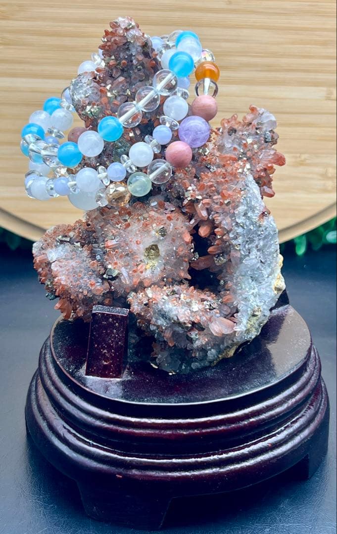 ★希少 フラワー状赤水晶クラスター　ヘマタイトインクォーツ　チャルコパイライト